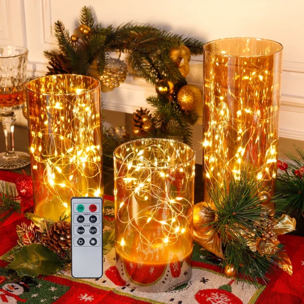 3Pc Glass Flameless/LED Batt Candles Fairy Light