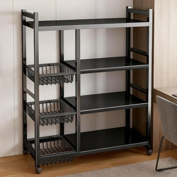 1pc Adjustable 4-Tier Wheeled Metal Rack w/ 3 Wire Baskets