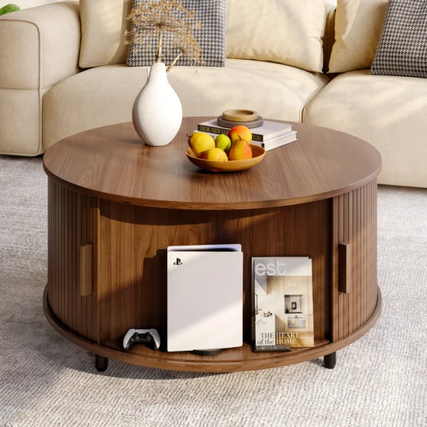 Round Coffee Table w/Storage 31.5"w/Sliding Door.